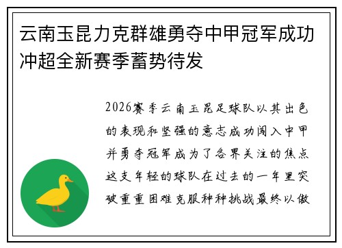 云南玉昆力克群雄勇夺中甲冠军成功冲超全新赛季蓄势待发