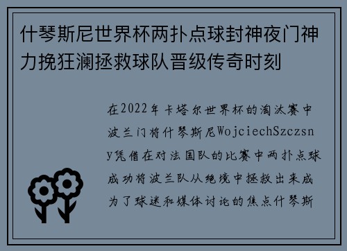 什琴斯尼世界杯两扑点球封神夜门神力挽狂澜拯救球队晋级传奇时刻