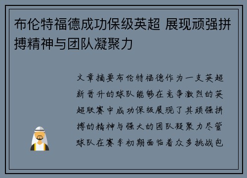 布伦特福德成功保级英超 展现顽强拼搏精神与团队凝聚力 布伦特福德成功保级英超 展现顽强拼搏精神与团队凝聚力
